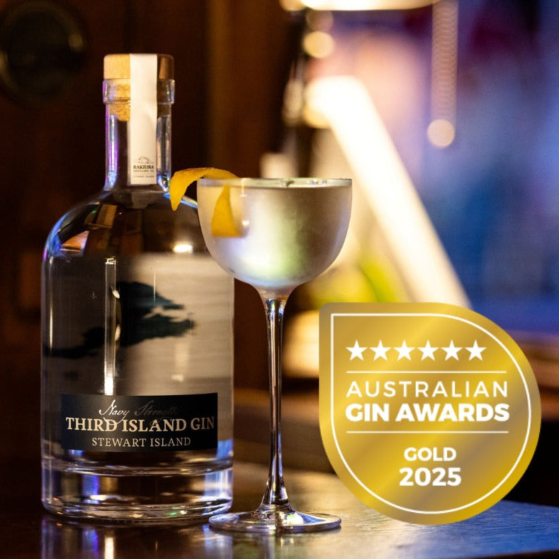 Bottle of Third Island Navy Strength Gin with a cocktail glass and 'Australian Gin Awards Gold 2025' badge.