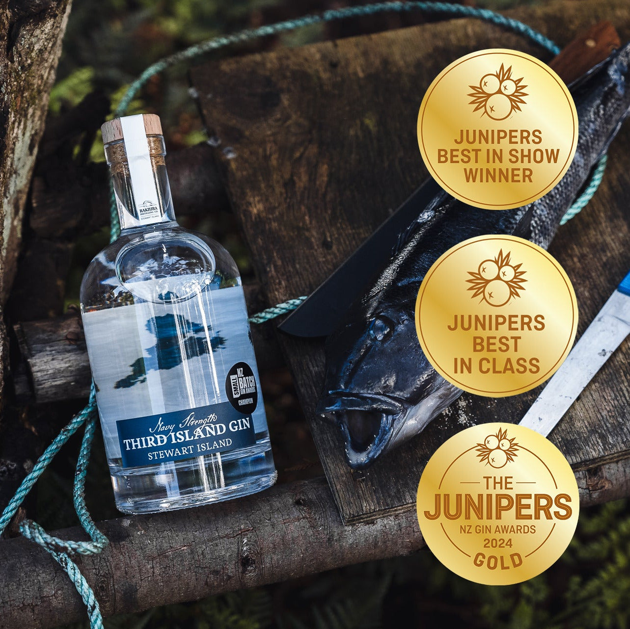 Bottle of Third Island Navy Strength Gin with Junipers Best in Show and Best in Class awards on a wooden surface.