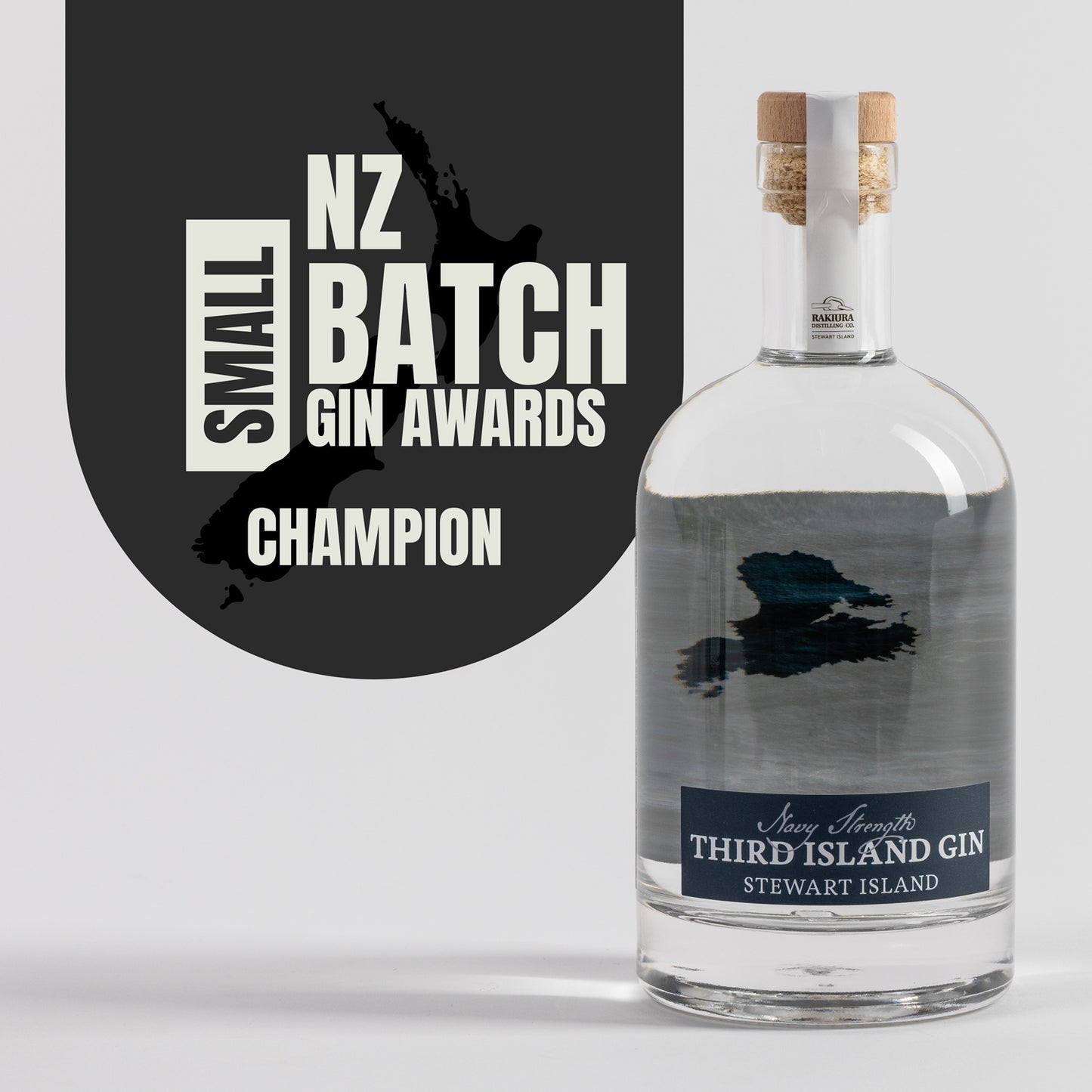 Bottle of Third Island Navy Strength Gin with 'NZ Small Batch Gin Awards Champion' text on a gray background