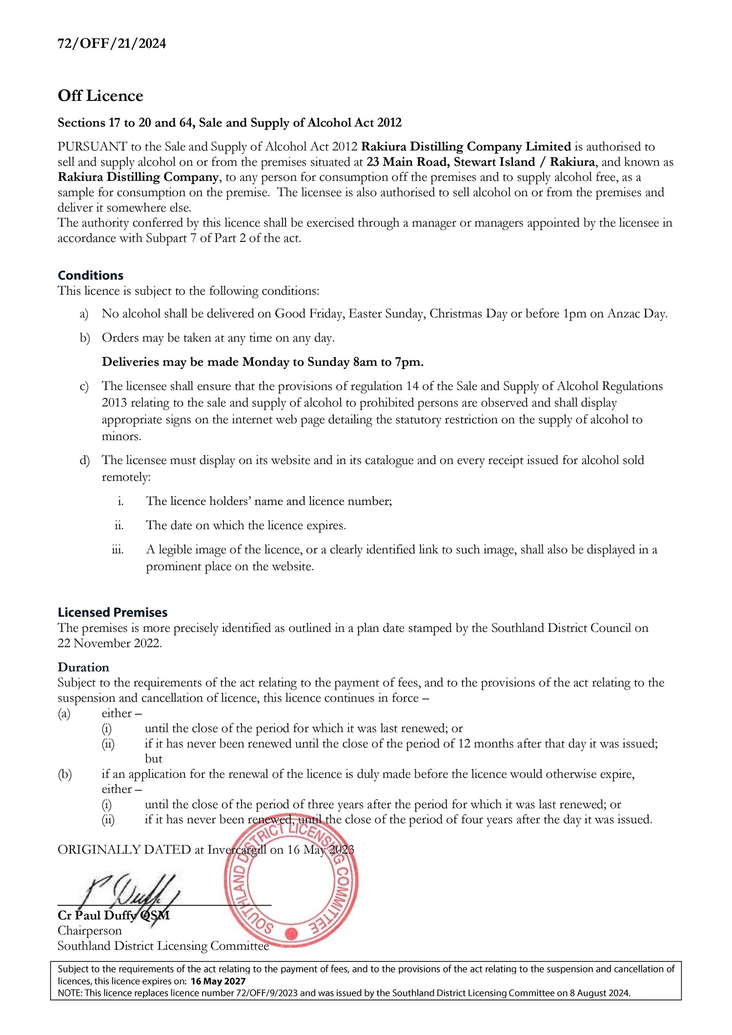 Off Licence document with text and a signature, dated 22/01/2024.