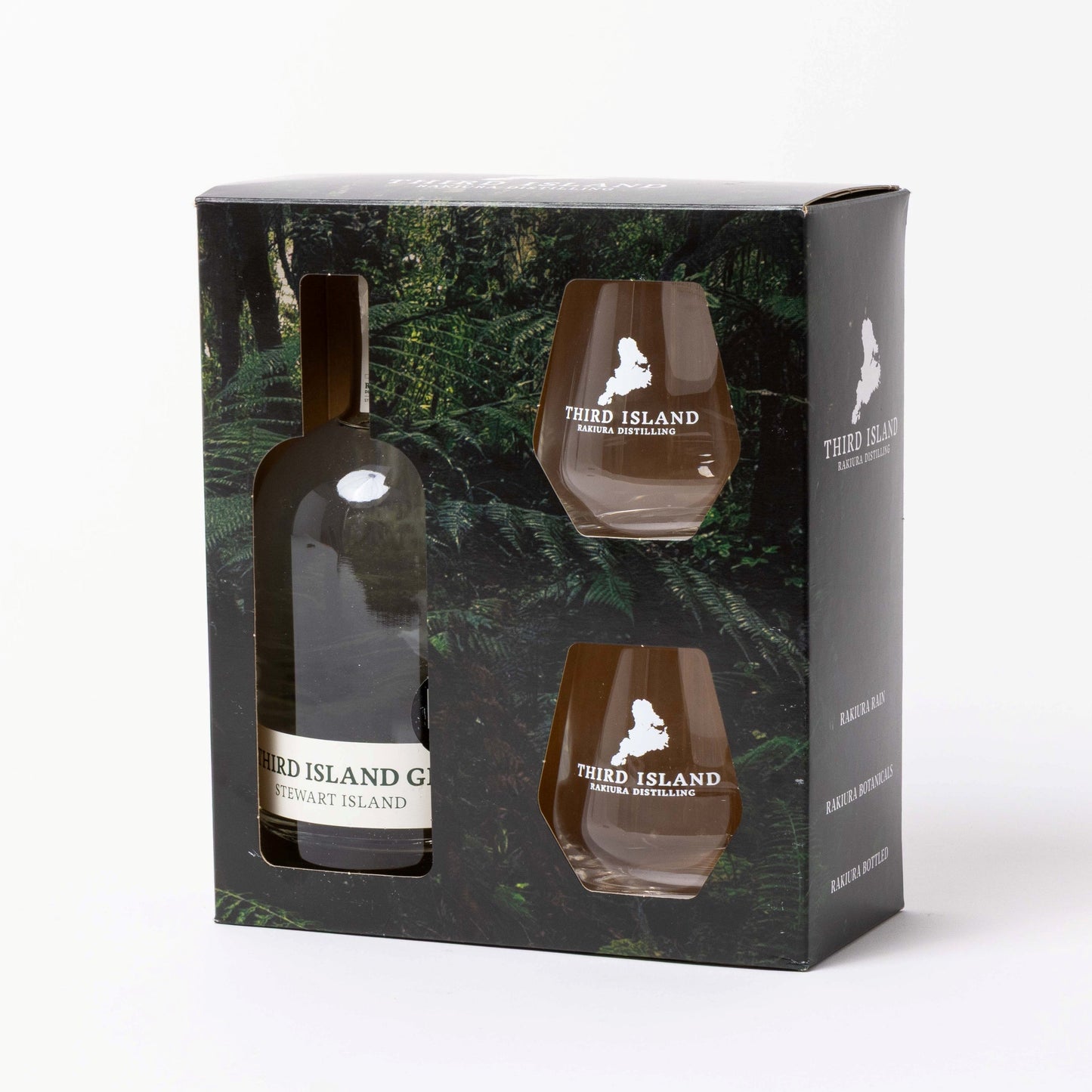 Third Island Gift Box with bottle of Third Island Gin and two glasses on a white background