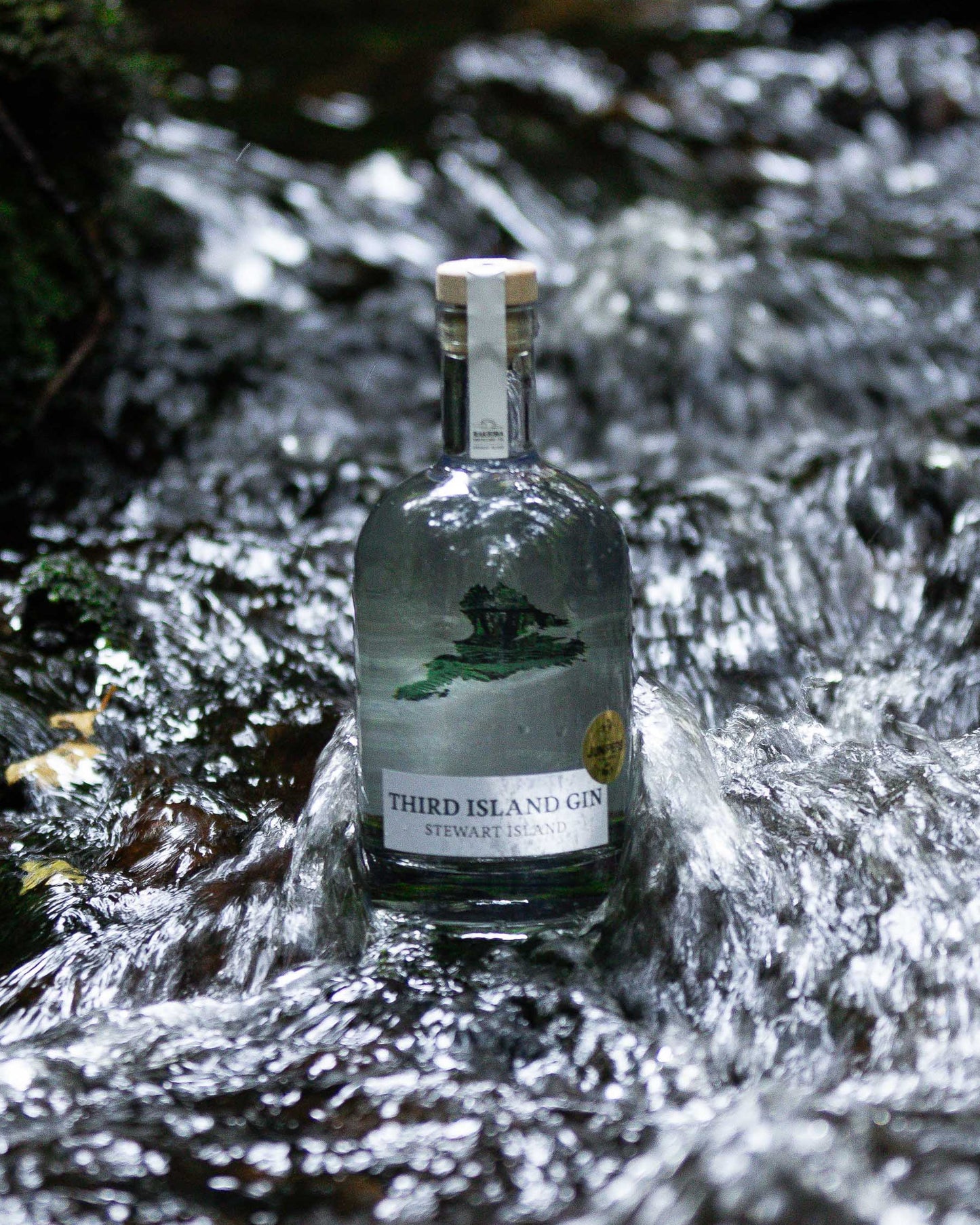 Bottle of Third Island Gin in a stream with natural surroundings