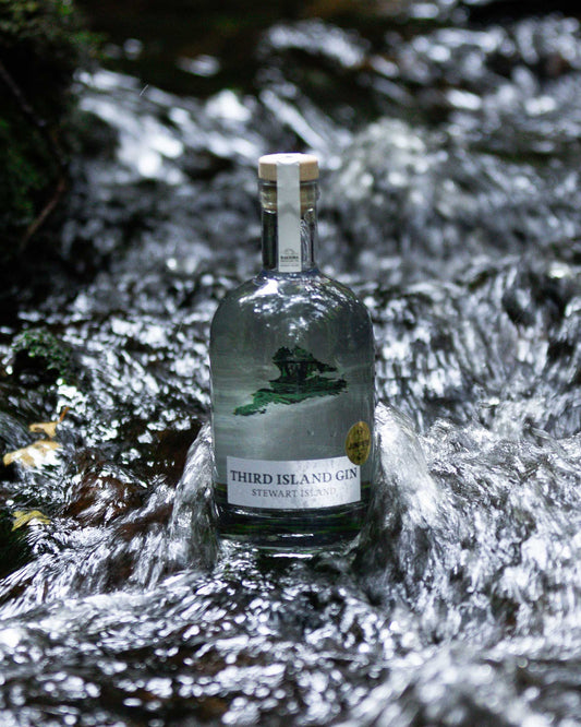 Bottle of Third Island Gin in a stream with natural surroundings