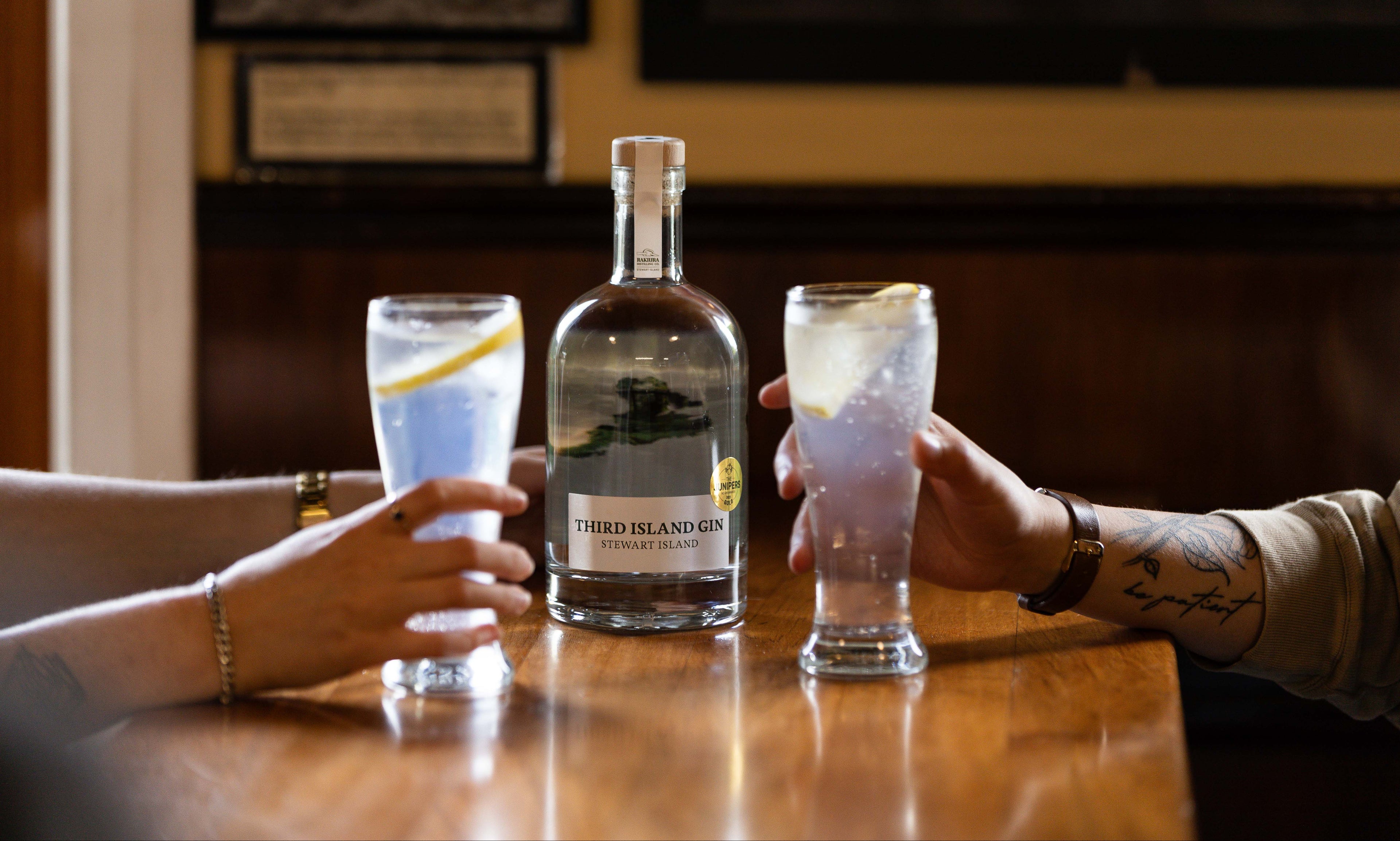 Two people holding glasses with a bottle of Third Island Gin on a wooden table.